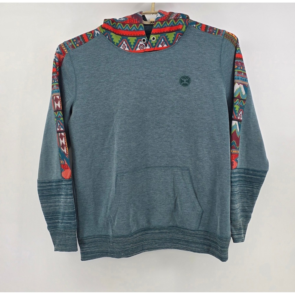 Hooey Mens Size L Large Hoodie Teal Blue Southwestern Geometric Pullover